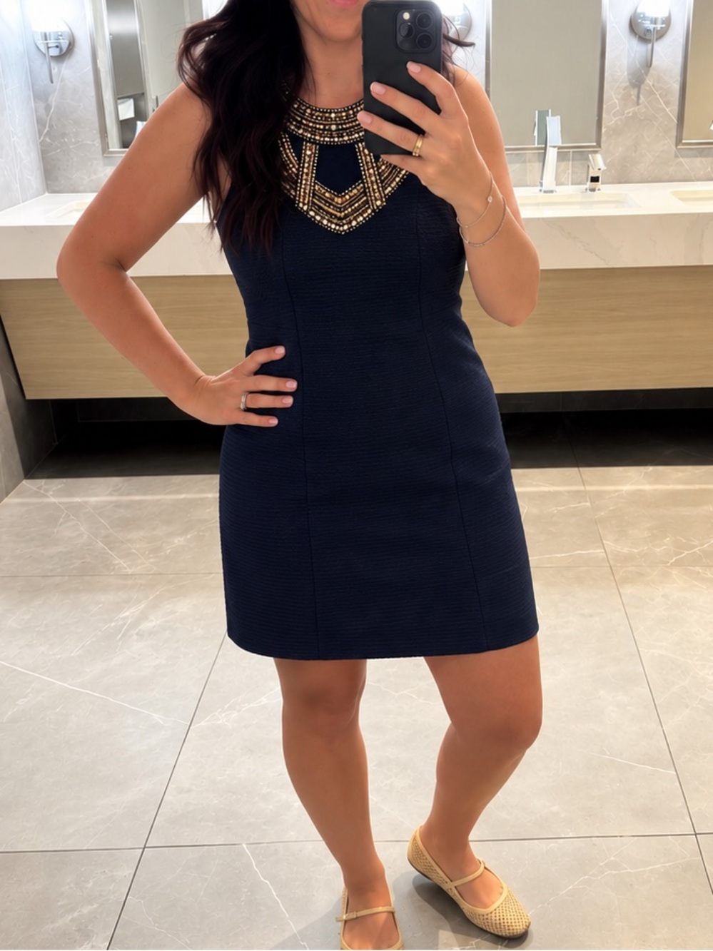 Lilly Pulitzer Navy Dress with Gold Beaded Neckline
